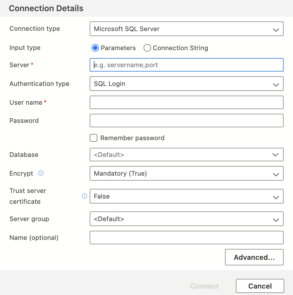 Azure Data Studio - Connect to server